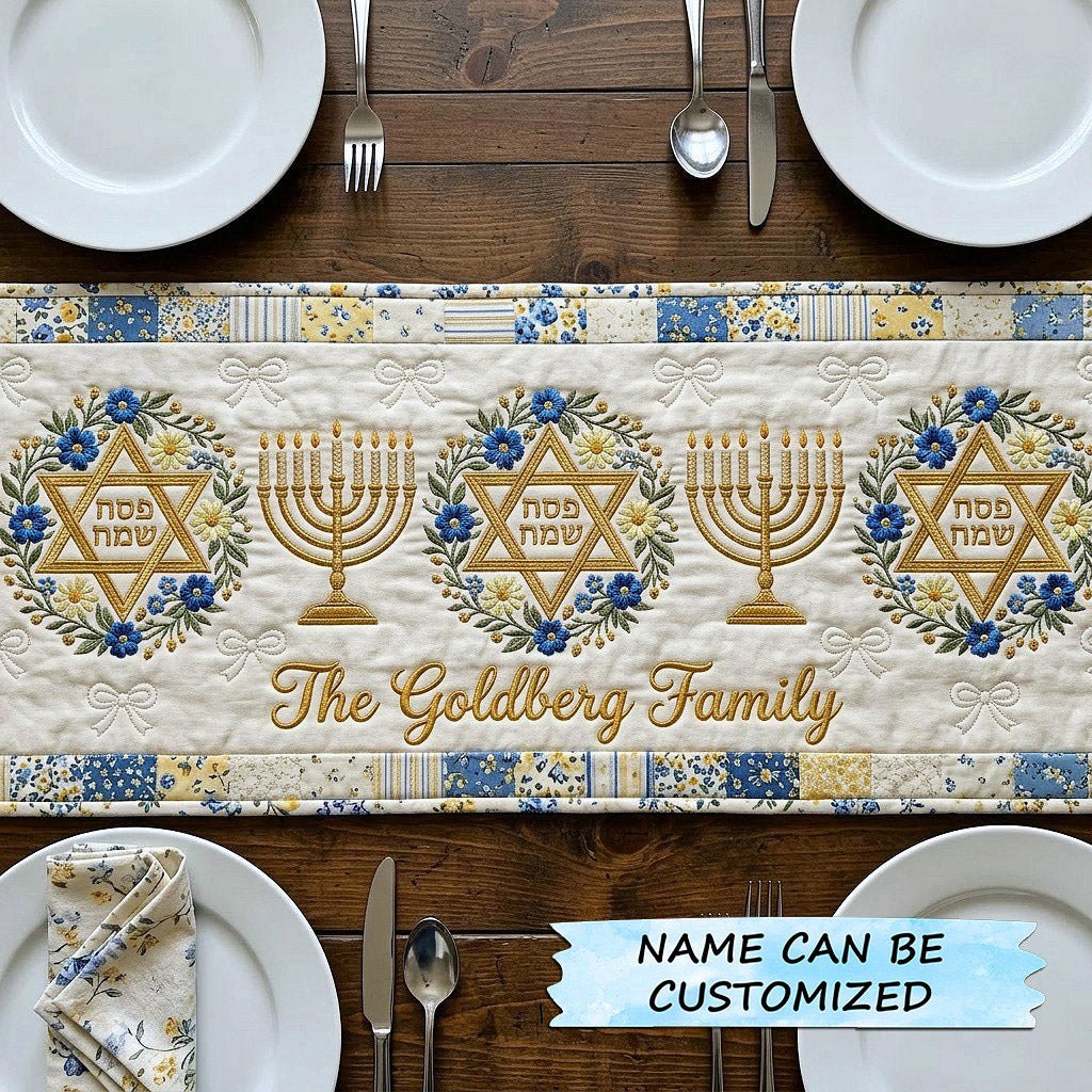 Menorahs and Stars with Family Name Table Runner