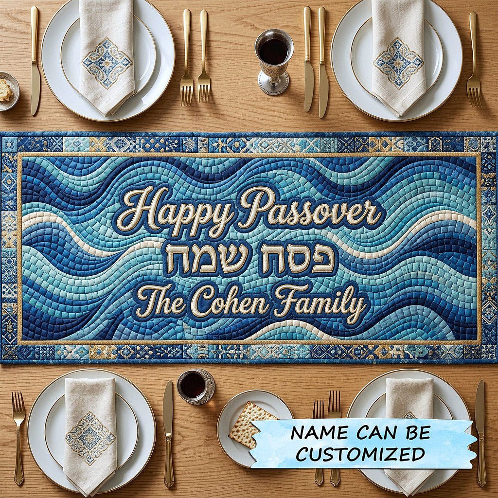 Happy Passover on Blue Waves Table Runner