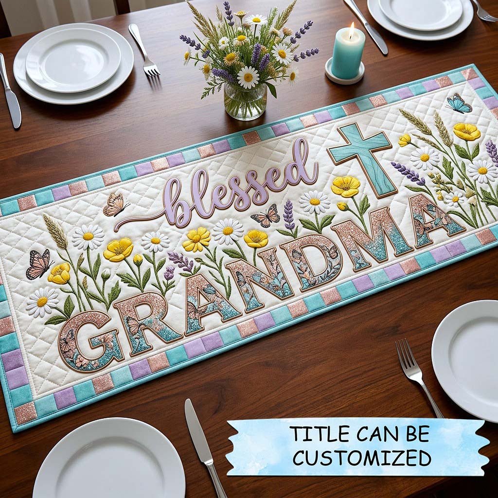 Blessed Grandma with Cross and Flowers Table Runner