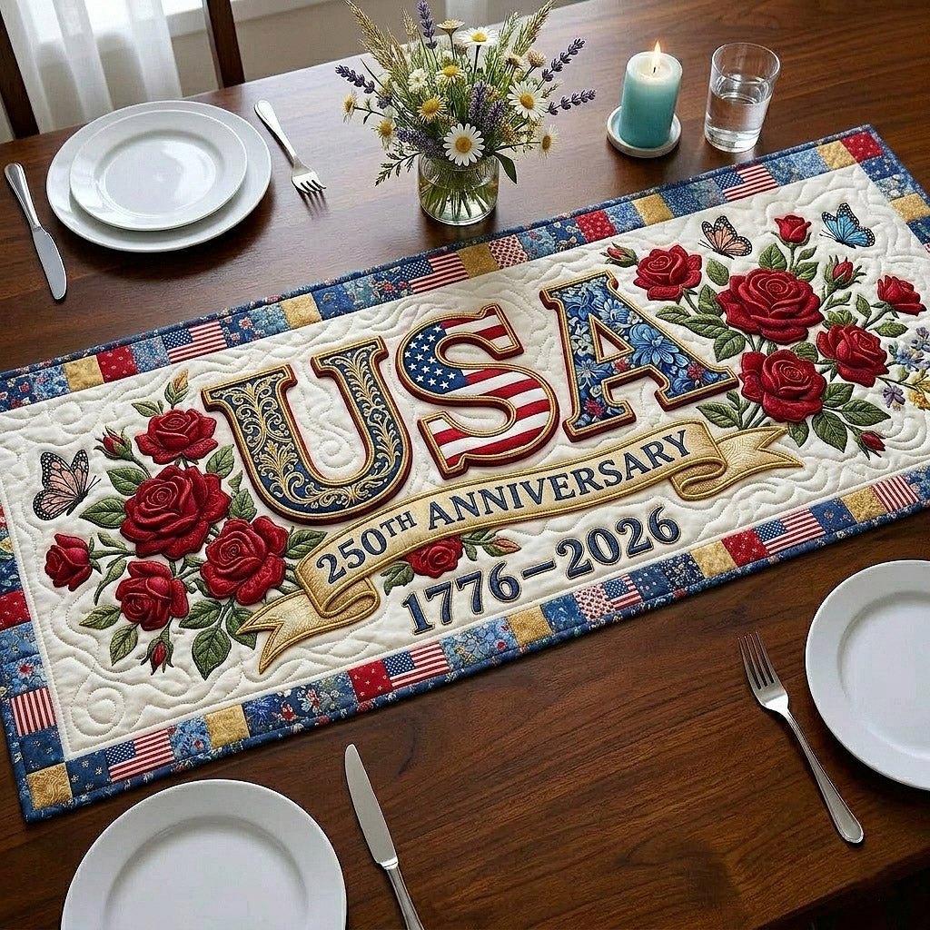 USA 250th Anniversary with Red Roses Table Runner