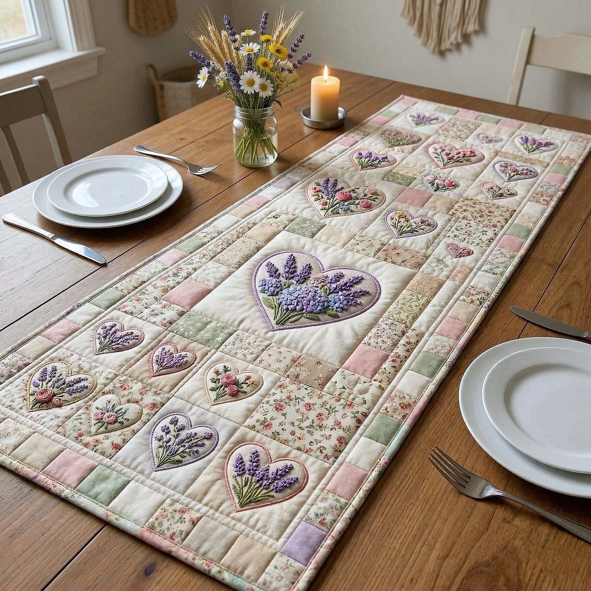 Lavender Hearts on Pink Panel Table Runner