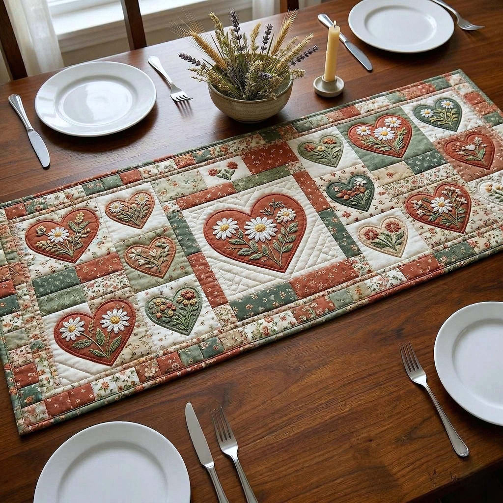 Cream Hearts with Rose Sprigs Table Runner