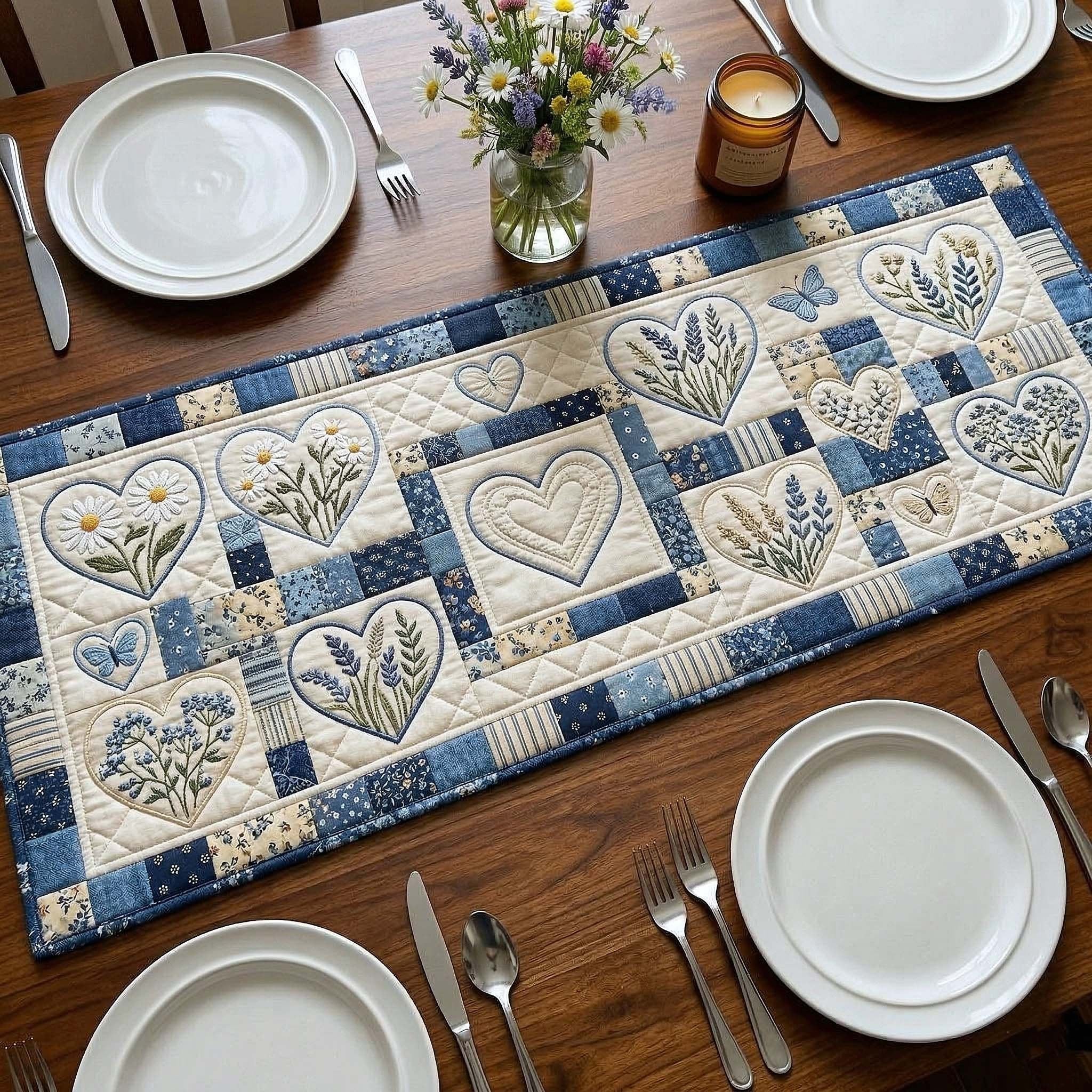 Blue Hearts with Wildflower Sprigs Table Runner