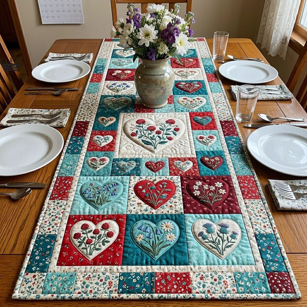Red and Teal Floral Hearts Table Runner