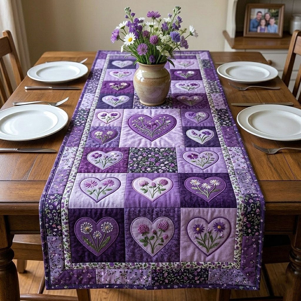 Purple Hearts on Violet Squares Table Runner