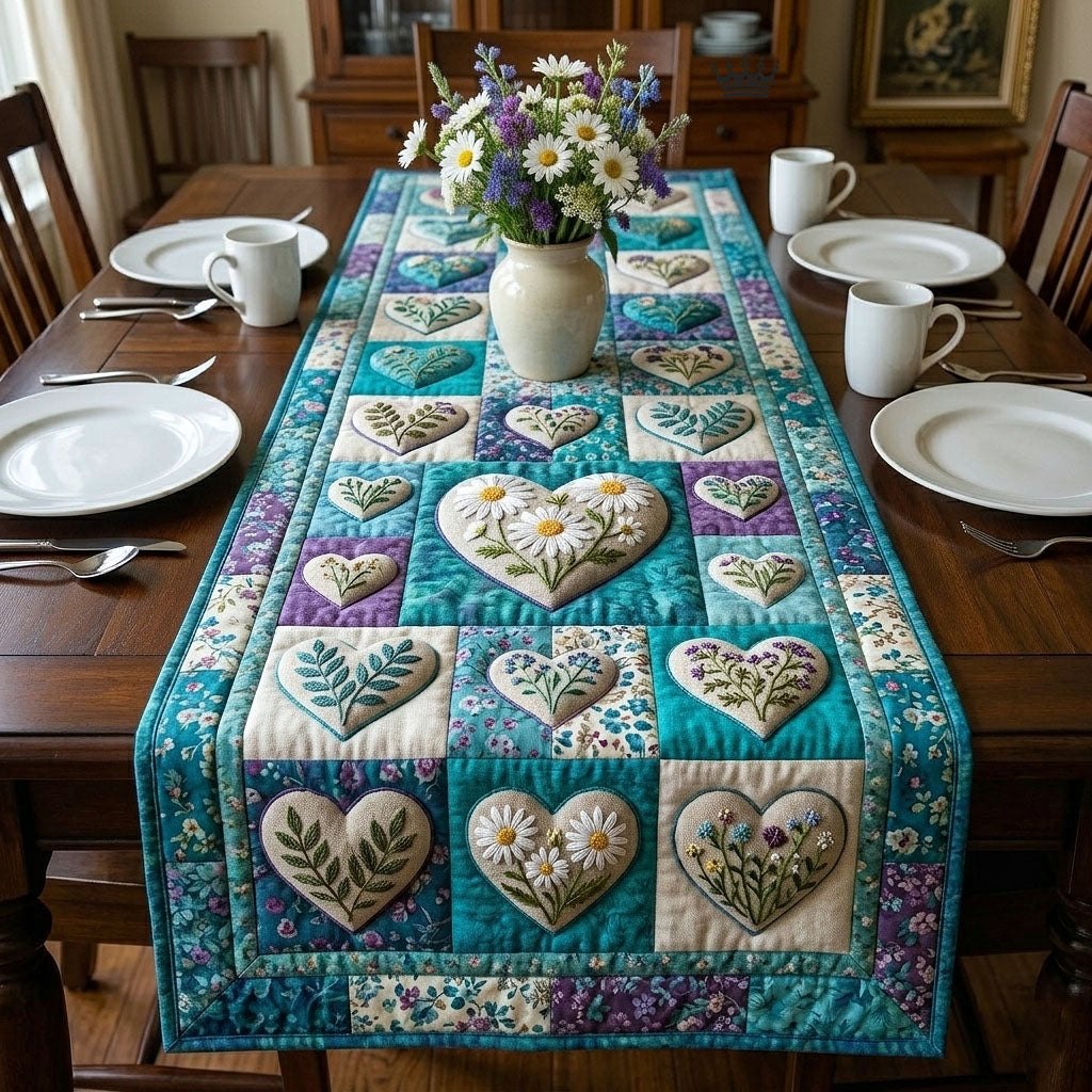 Teal Hearts with Cream Flowers Table Runner