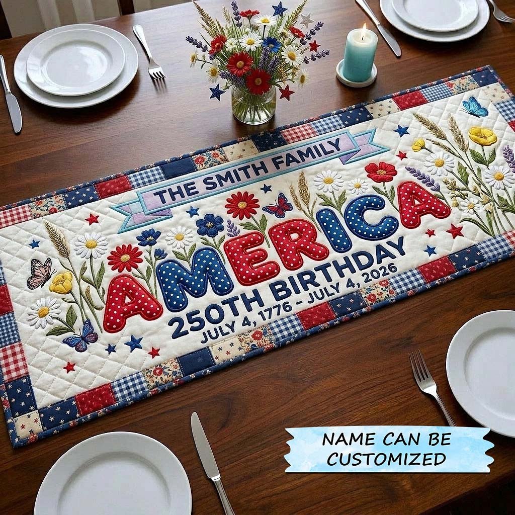 America 250th Birthday with Flowers Table Runner