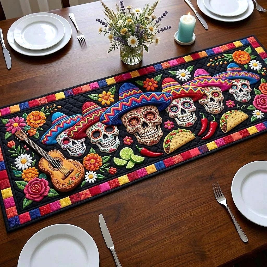Sugar Skulls with Sombreros and Tacos Table Runner