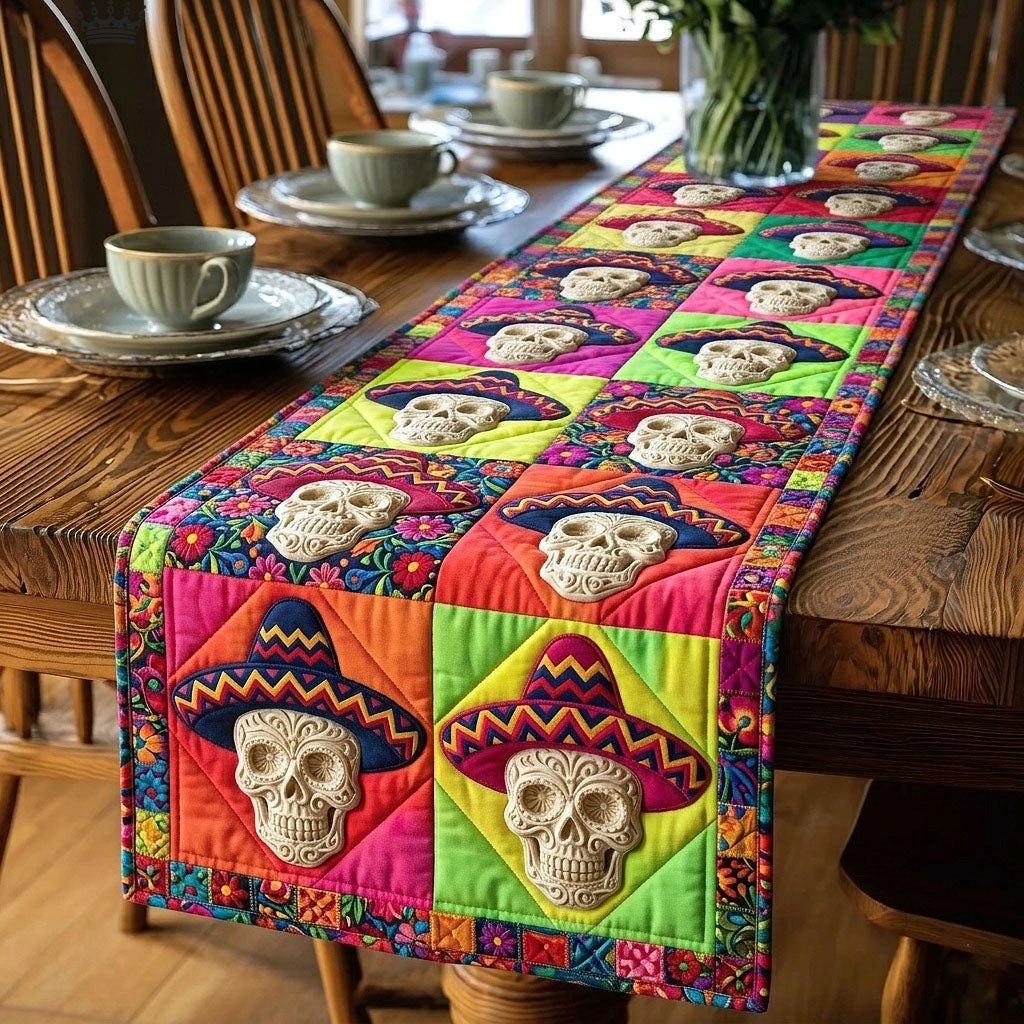 Sugar Skulls in Sombreros on Bright Blocks Table Runner