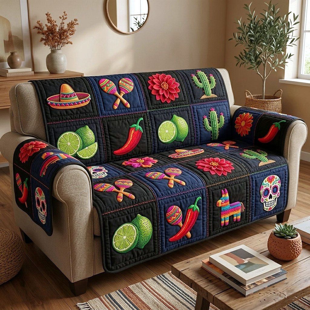 Sombreros Maracas and Chili Peppers Sofa Cover