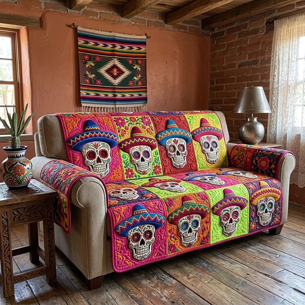 Sugar Skulls in Colorful Sombreros Sofa Cover