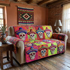Sugar Skulls in Colorful Sombreros Sofa Cover