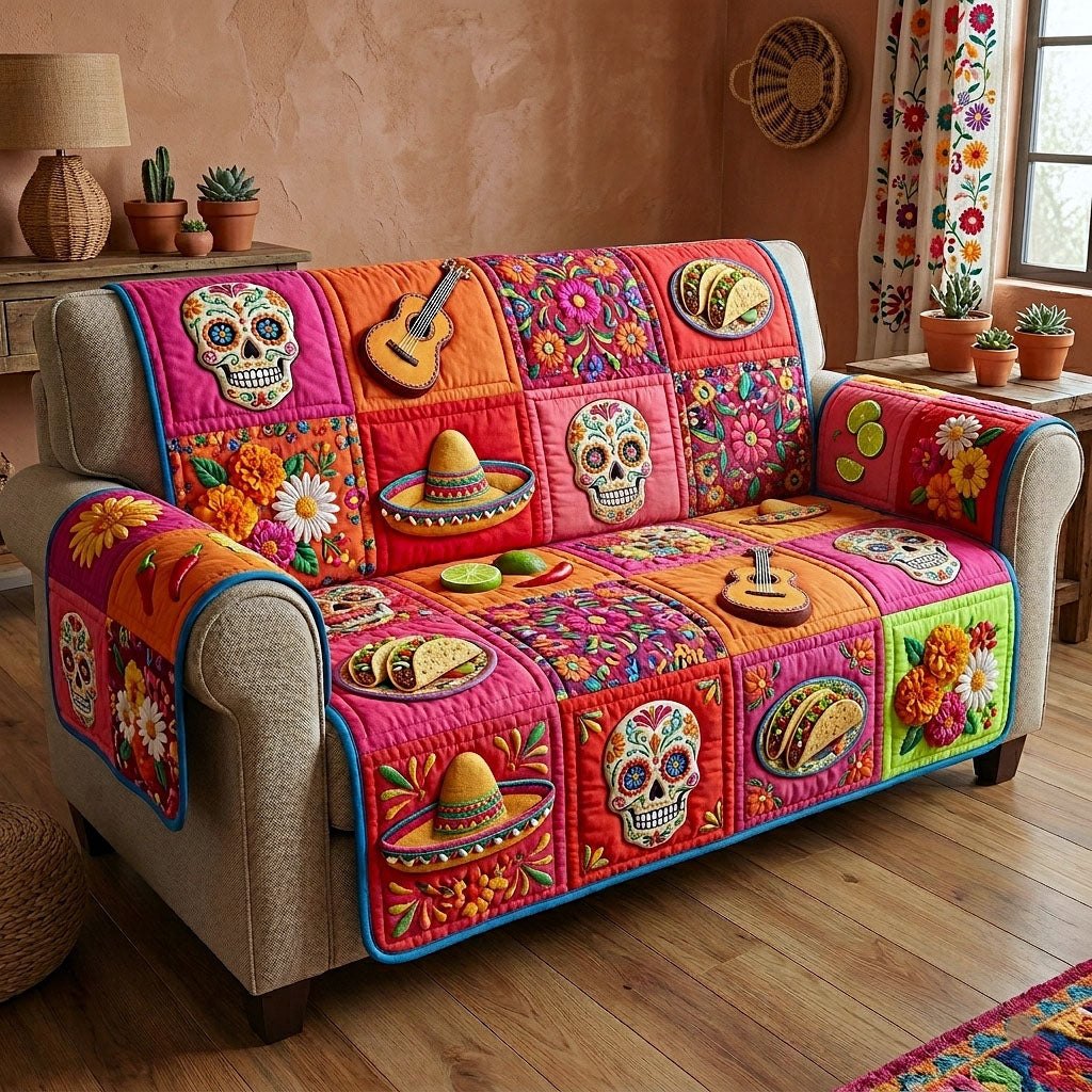 Sombreros and Guitars on Pink Patches Sofa Cover