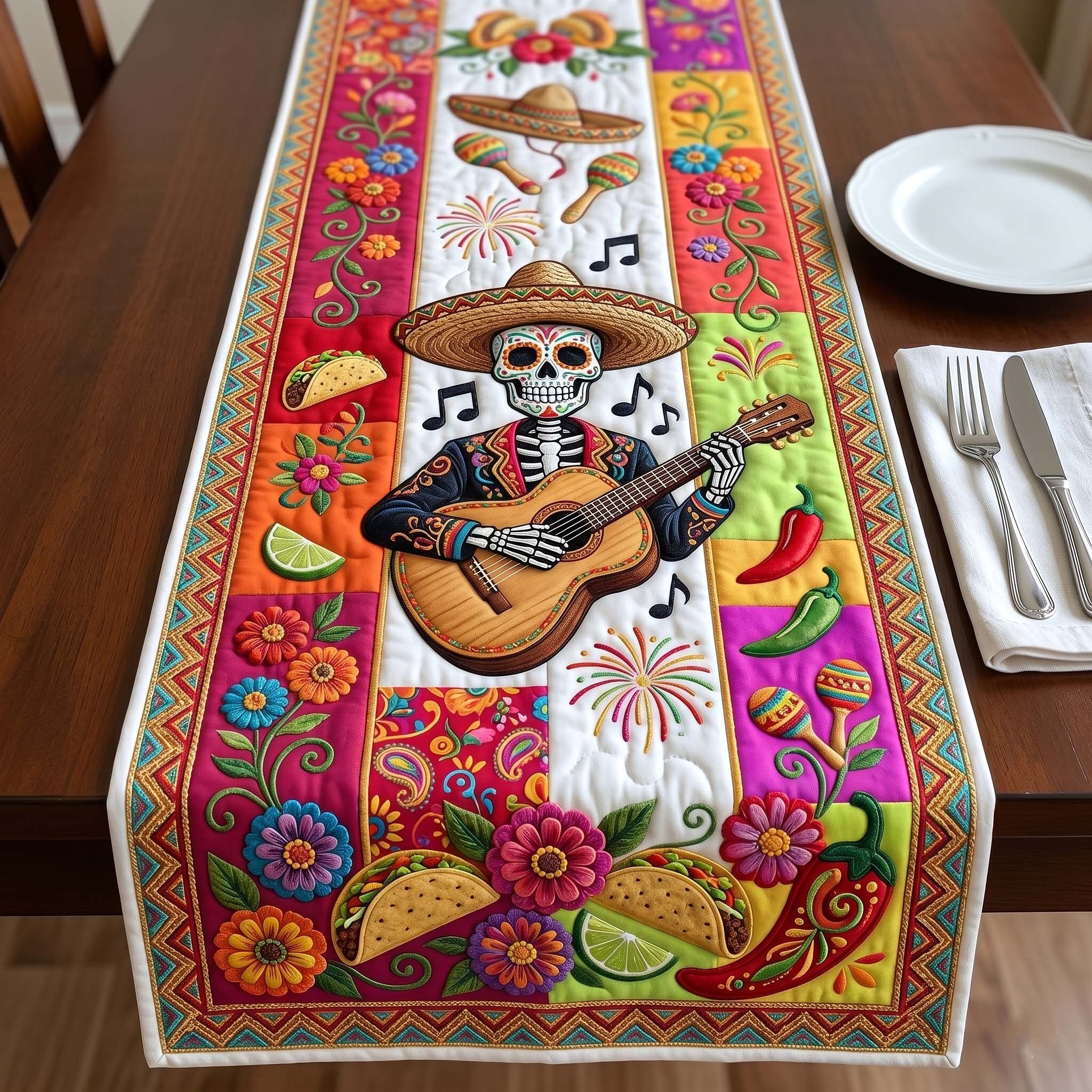 Skeleton Mariachi Playing Guitar Table Runner