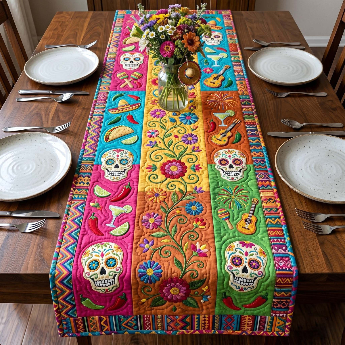 Sugar Skulls on Colorful Stripes Table Runner