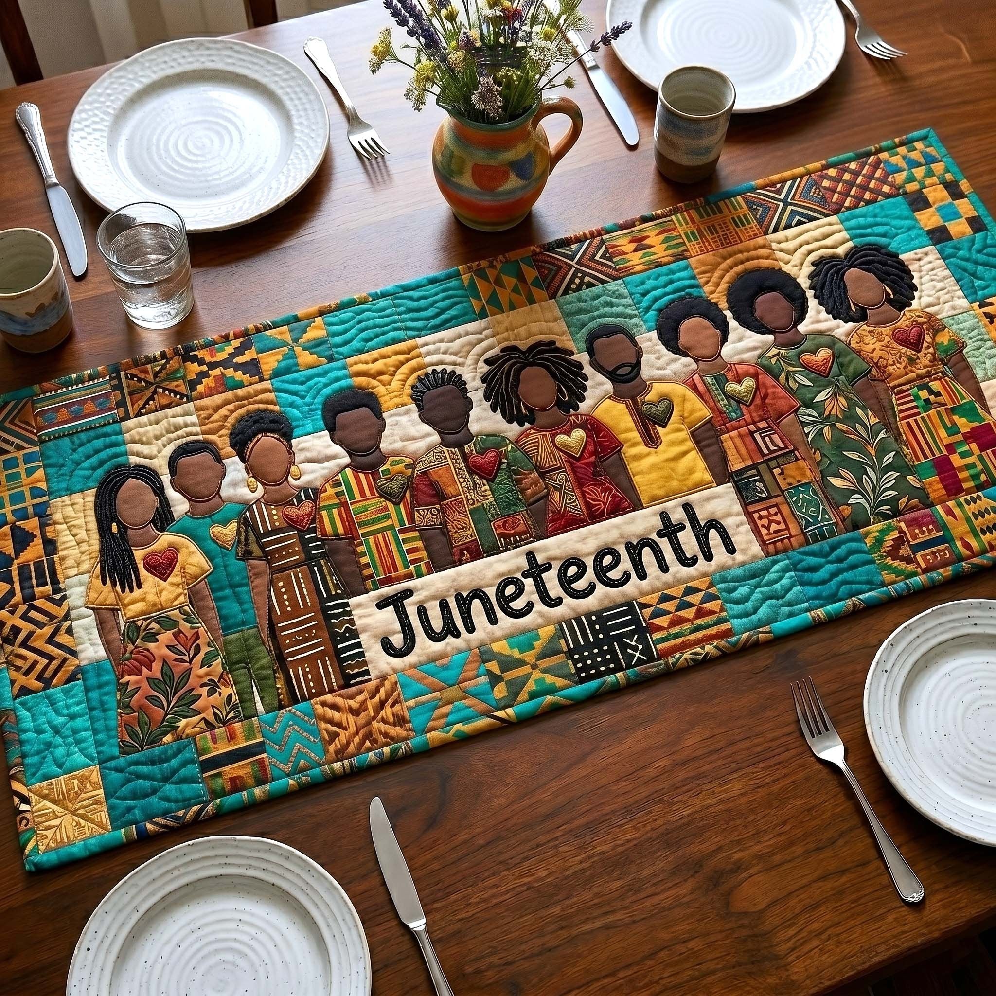 Juneteenth on Teal Patterns Table Runner
