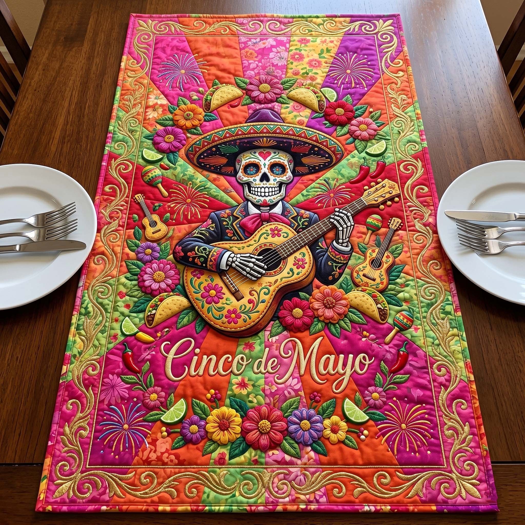 Skeleton Guitarist on Pink Flowers Table Runner