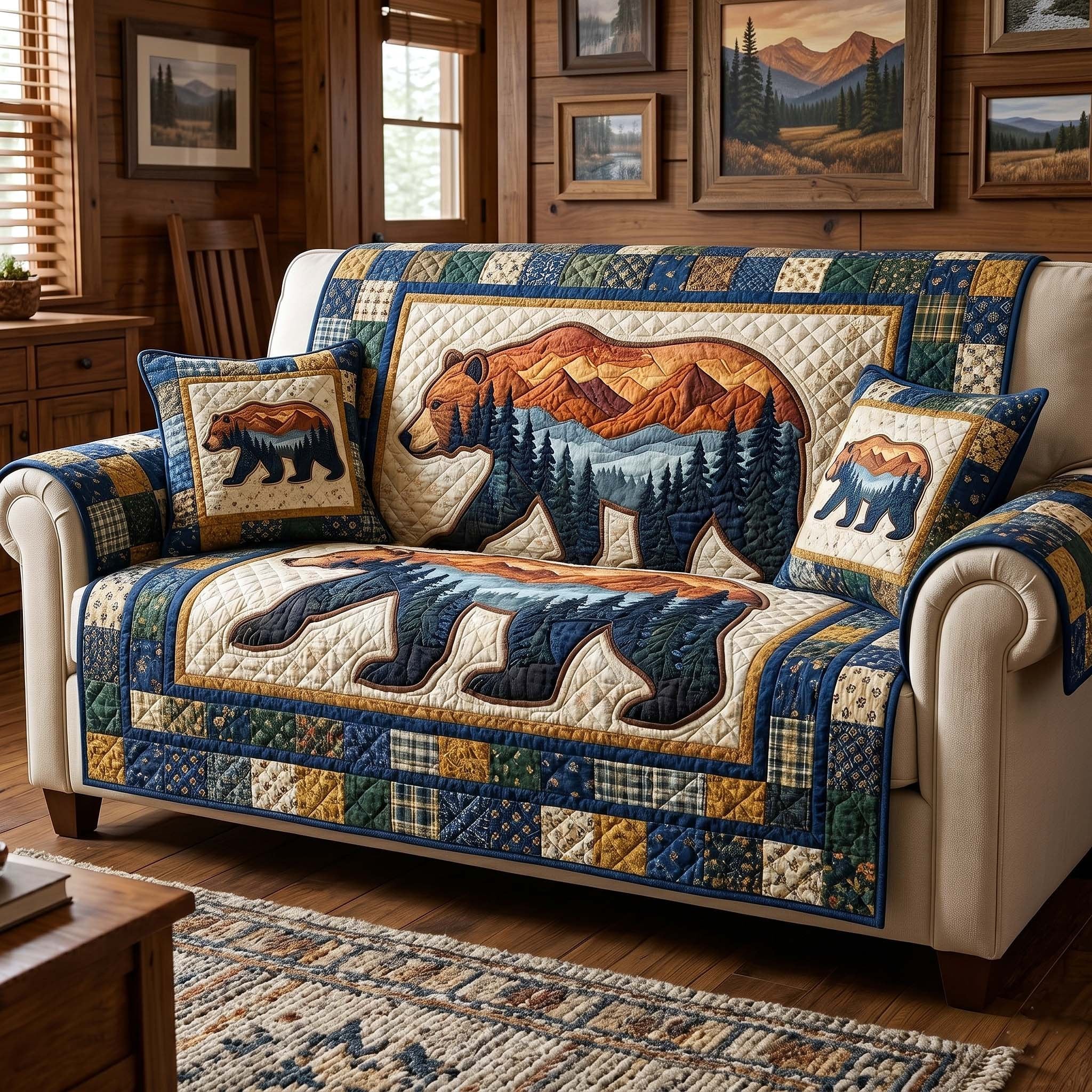 Bear Silhouettes with Blue Mountains Sofa Cover