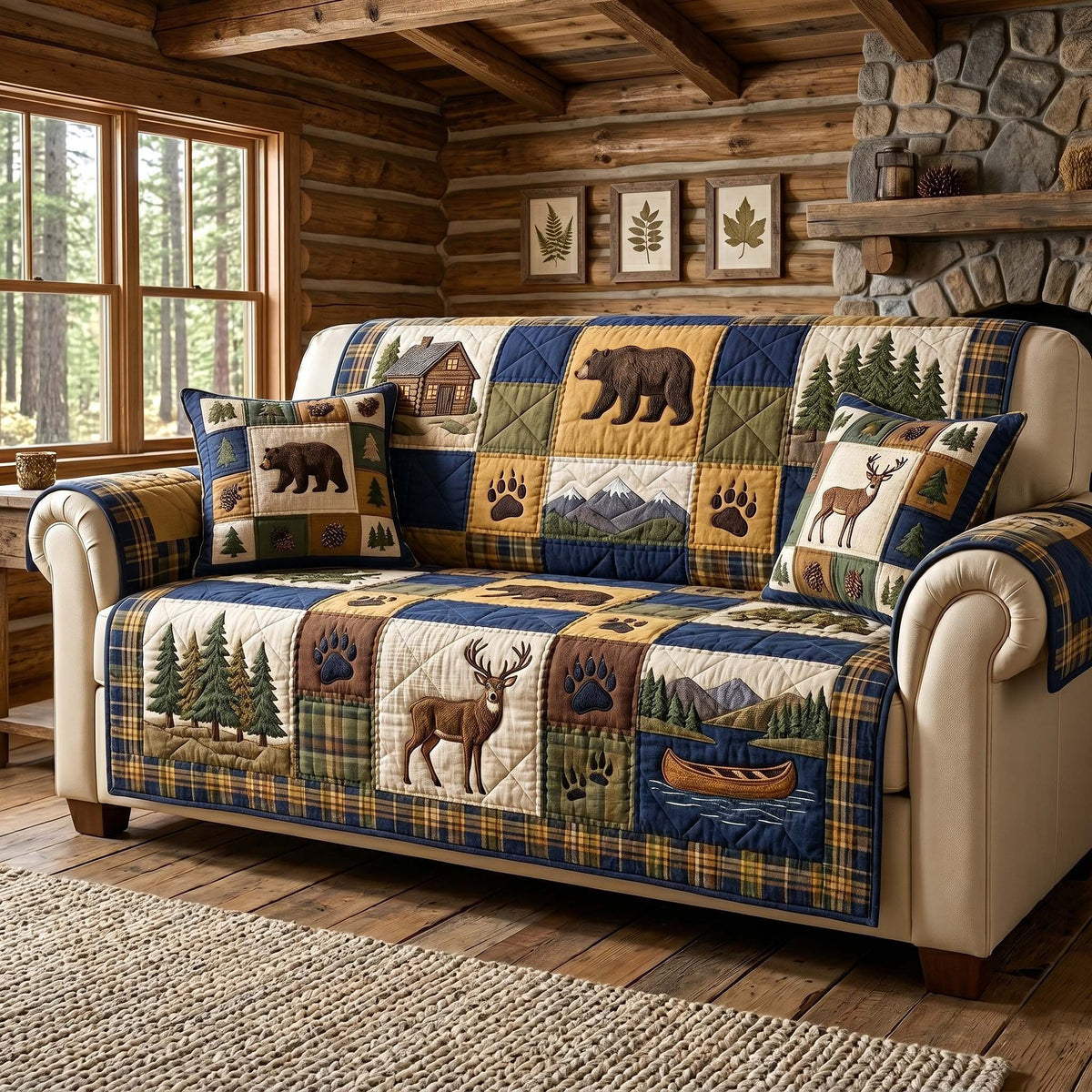 Bears Deer and Canoe on Navy Plaid Sofa Cover