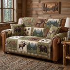 Moose and Bear on Green Lodge Patches Sofa Cover