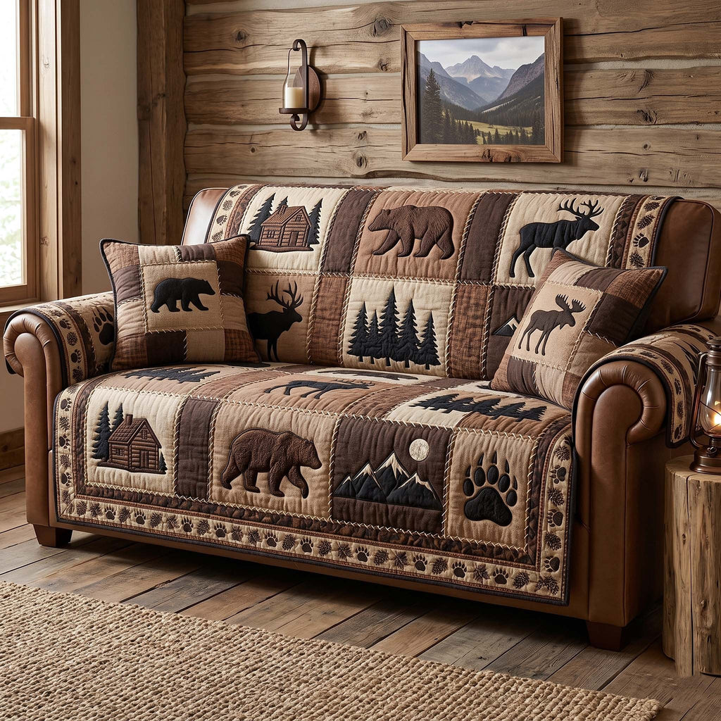 Bears and Deer on Brown Lodge Patches Sofa Cover