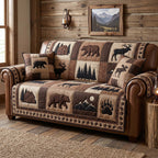 Bears and Deer on Brown Lodge Patches Sofa Cover