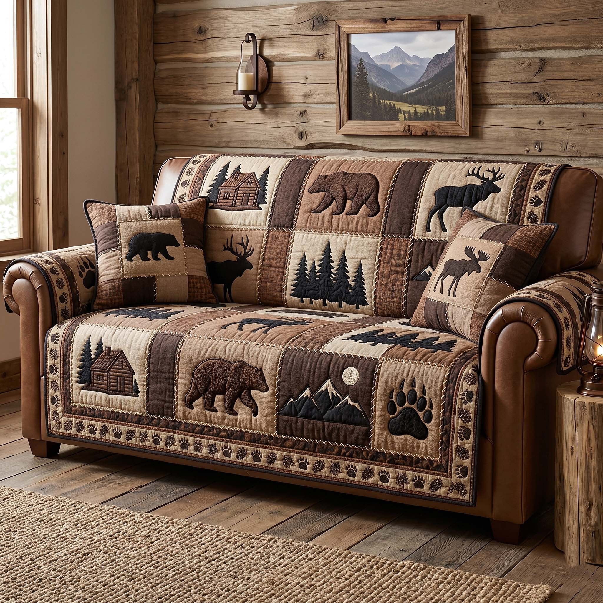 Bears and Deer on Brown Lodge Patches Sofa Cover
