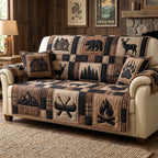 Canoe Campfire and Moose on Brown Sofa Cover