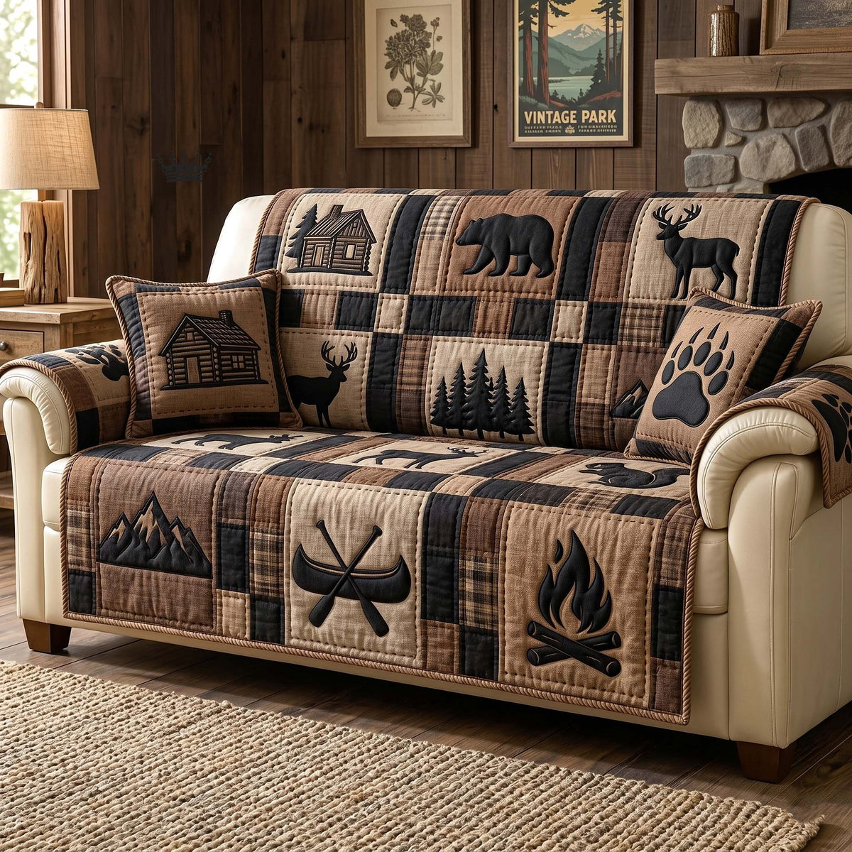 Canoe Campfire and Moose on Brown Sofa Cover