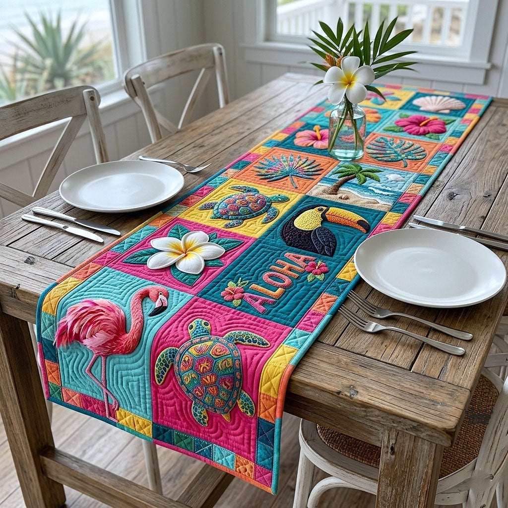 Aloha Squares with Flamingo and Turtle Table Runner