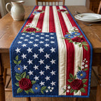 Red Roses on Stars and Stripes Table Runner
