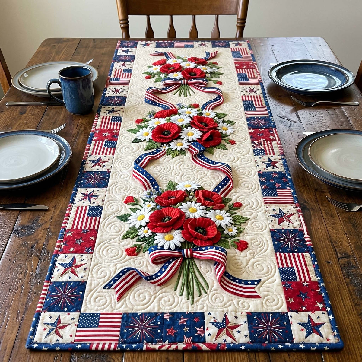 Patriotic Bouquet with Ribbons on Cream Table Runner