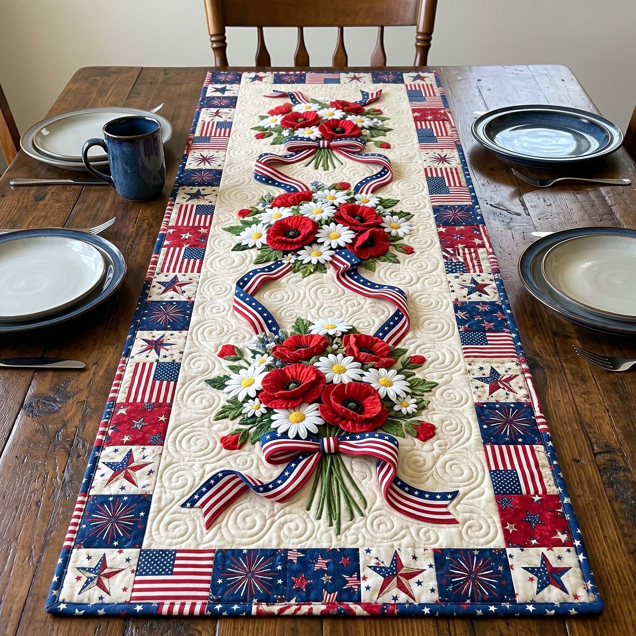 Patriotic Bouquet with Ribbons on Cream Table Runner