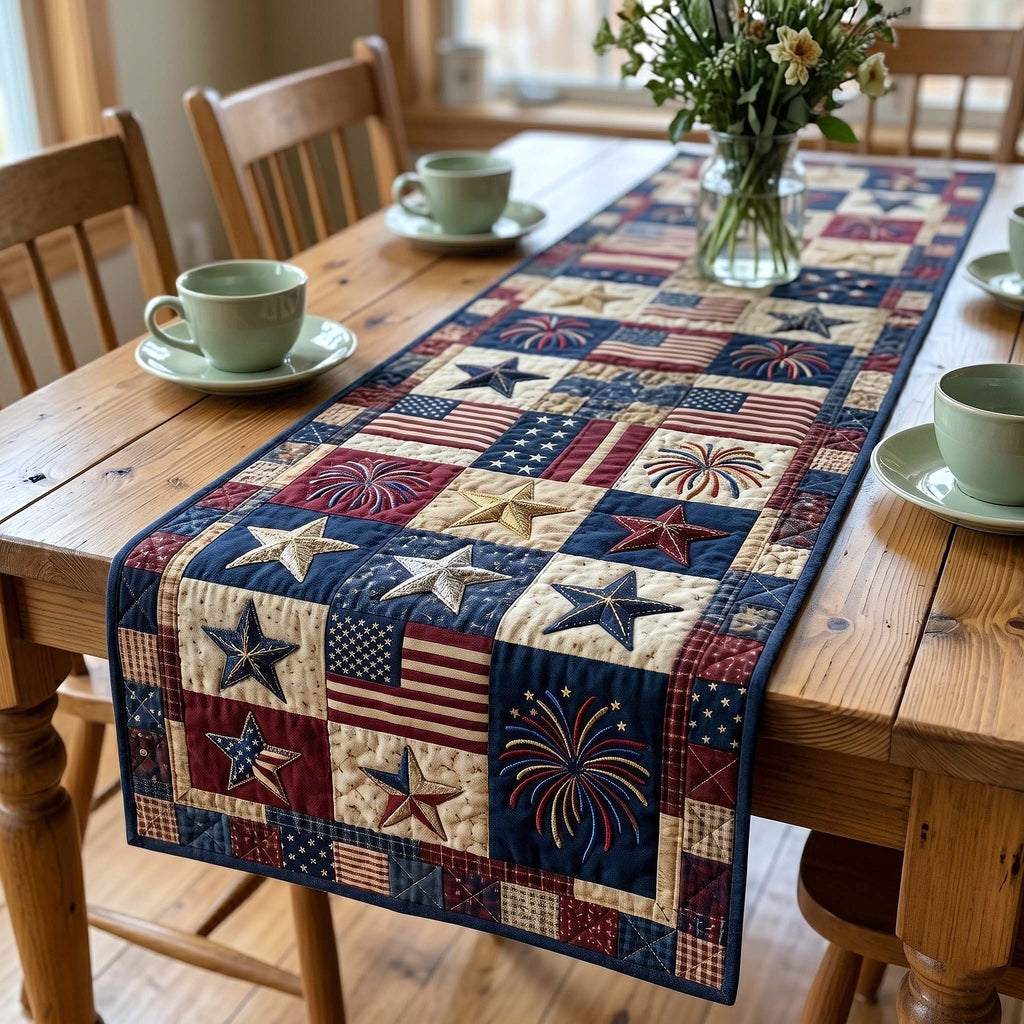 Navy Star Blocks with Fireworks Table Runner
