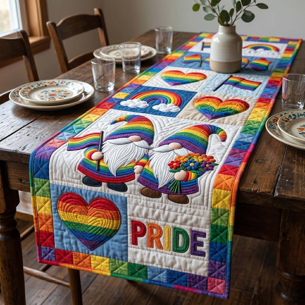 Pride Gnomes with Rainbow Heart Table Runner