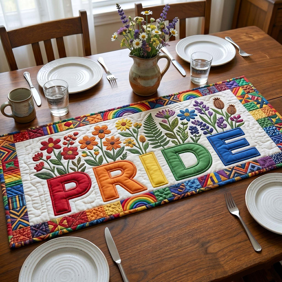 Pride with Rainbow Flowers Table Runner