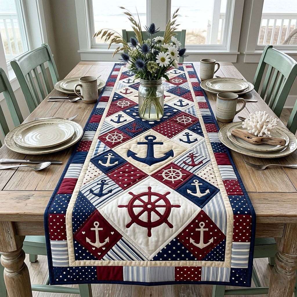 Anchors and Ship Wheels on Navy Table Runner