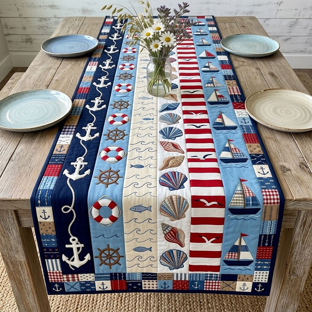 Nautical Stripes with Anchors and Shells Table Runner