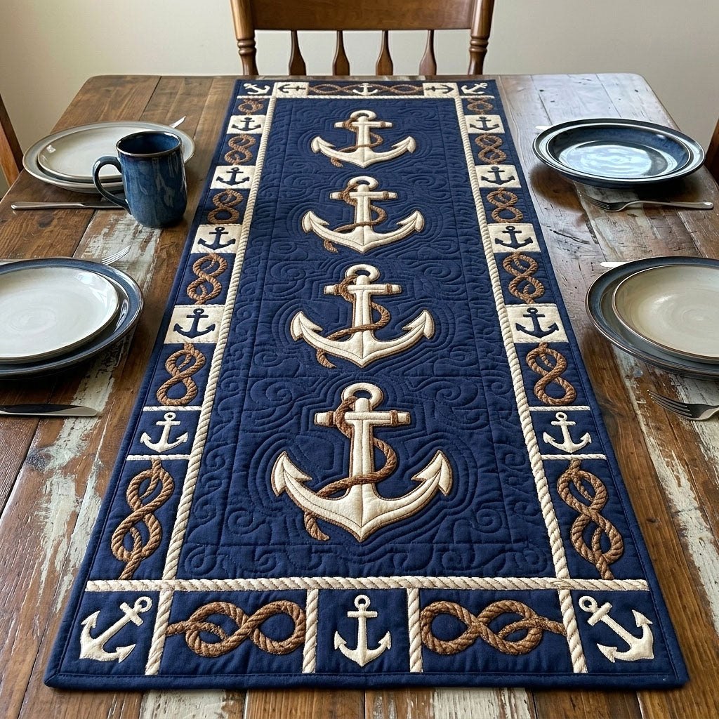 Cream Anchors on Navy Panel Table Runner