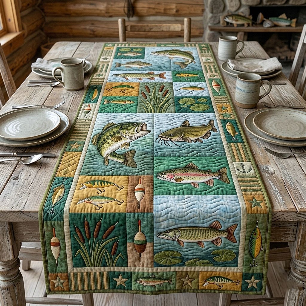 Fish in Green Quilt Blocks Table Runner