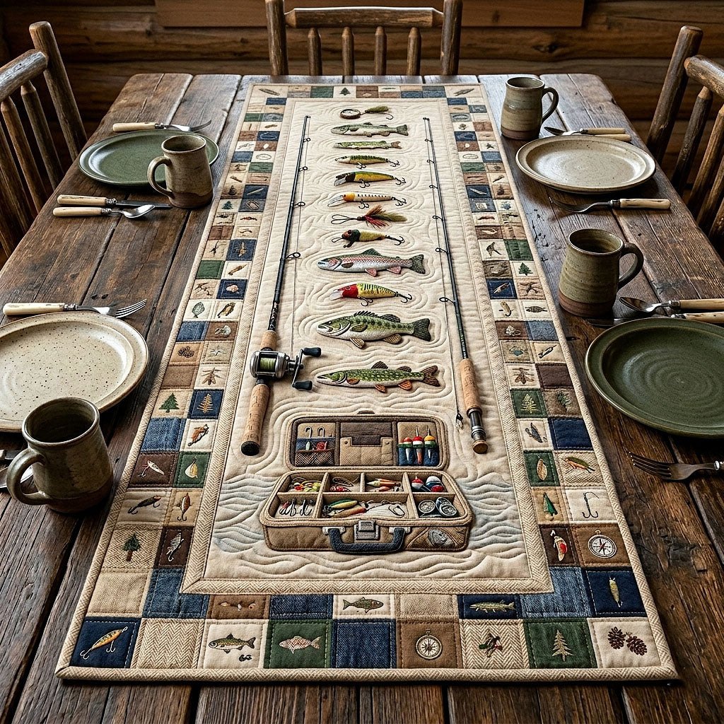 Fishing Gear and Tackle Box Blocks Table Runner