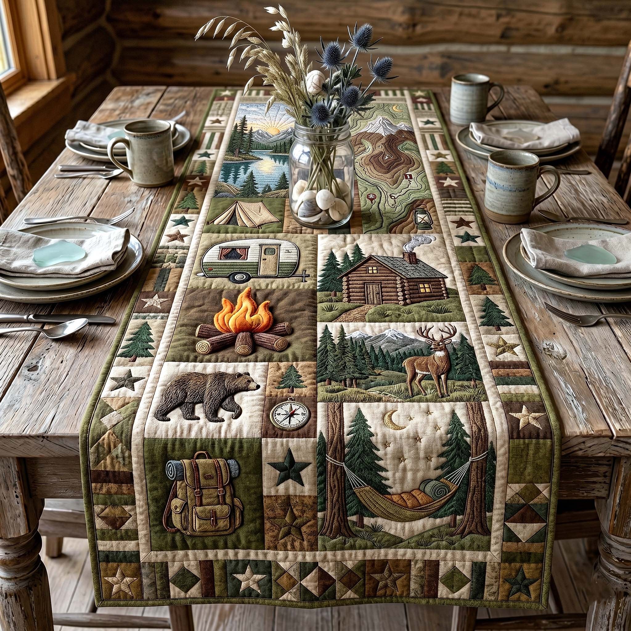 Campfire and Cabin in Green Blocks Table Runner