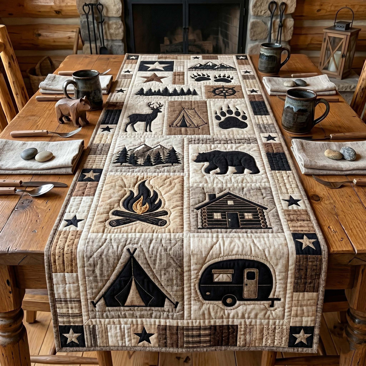 Camping Icons with Tent and Trailer Table Runner