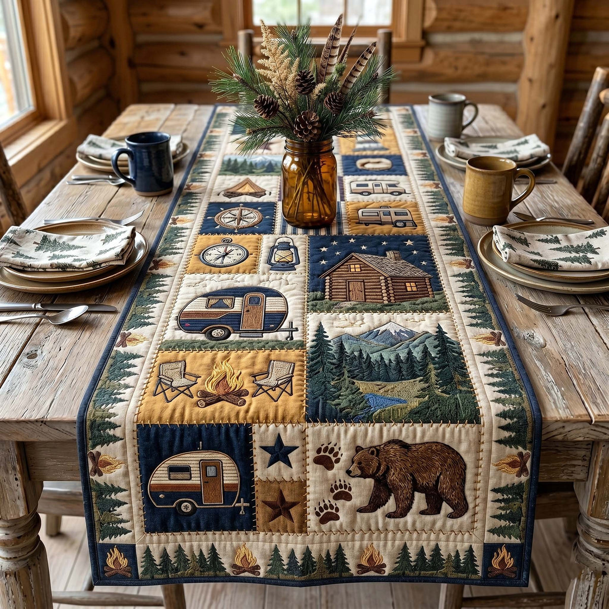 Camper and Bear in Blue Blocks Table Runner