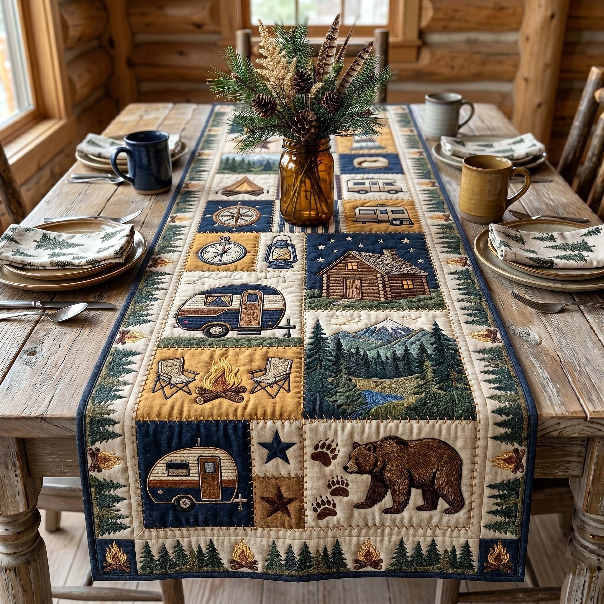 Camper and Bear in Blue Blocks Table Runner