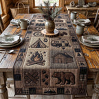 Campfire and Bear on Tan Blocks Table Runner