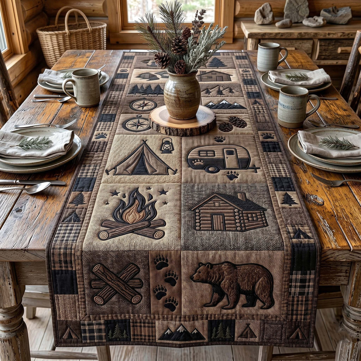 Campfire and Bear on Tan Blocks Table Runner