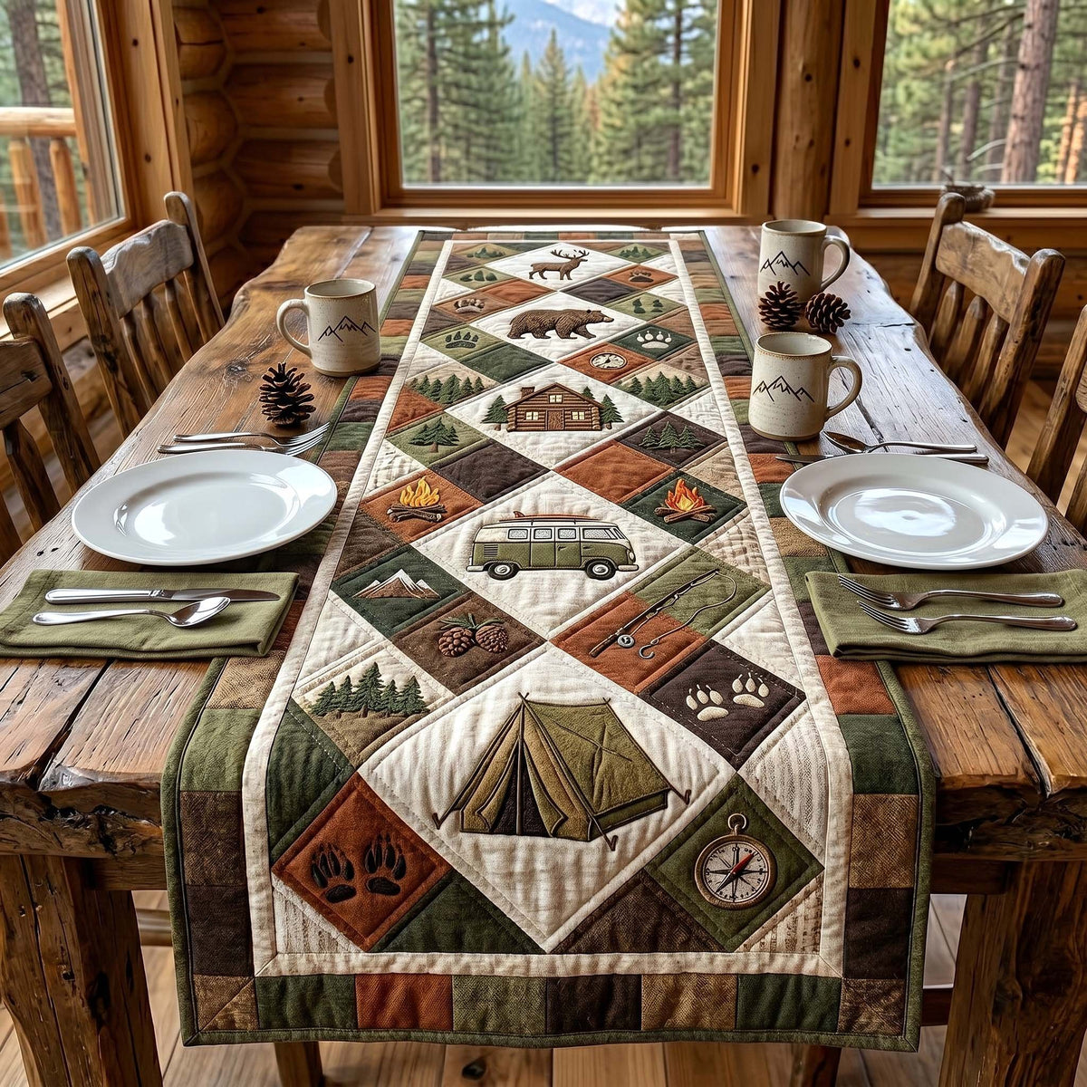 Tent and Camper in Green Blocks Table Runner