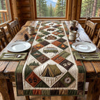 Tent and Camper in Green Blocks Table Runner