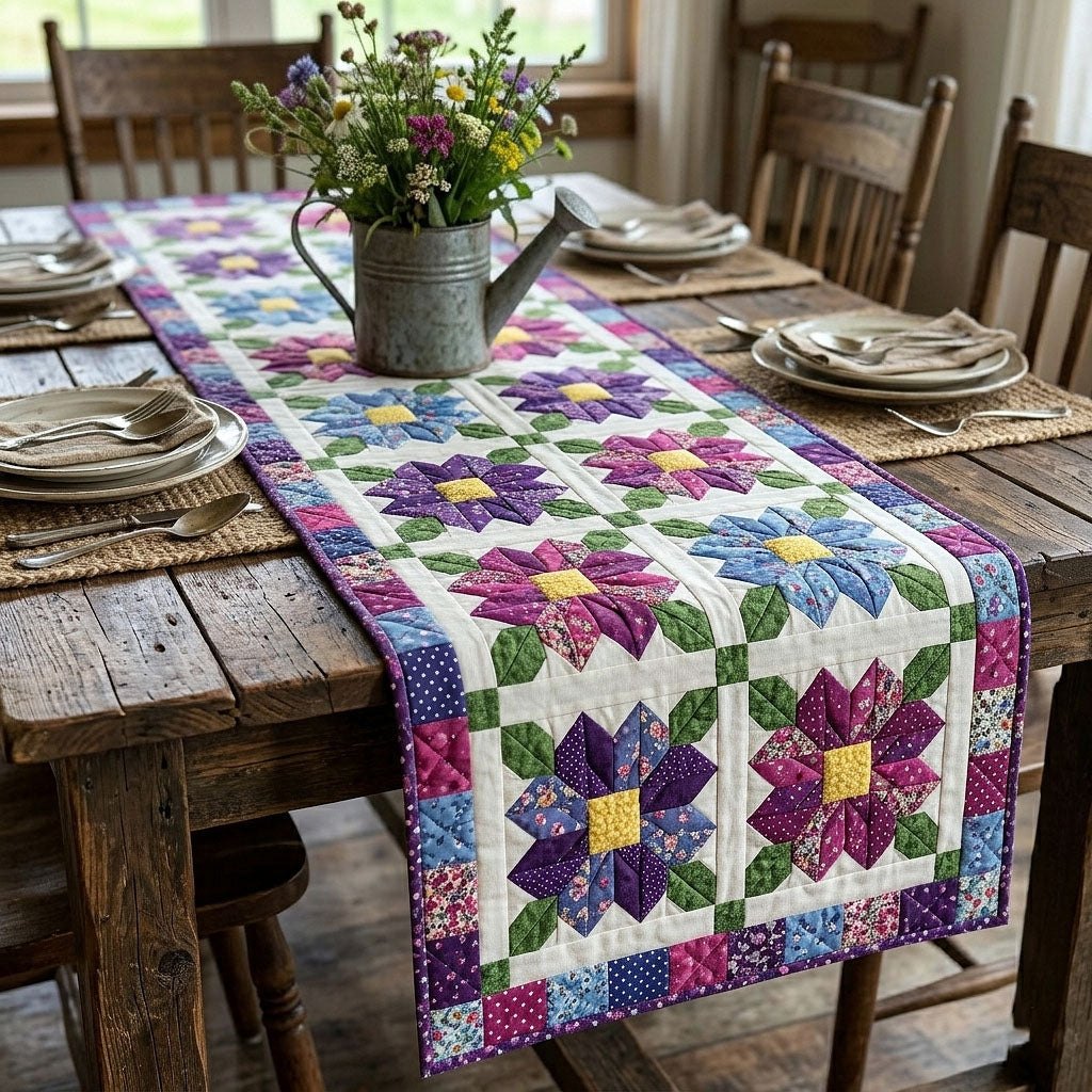 Purple Flowers in White Blocks Table Runner